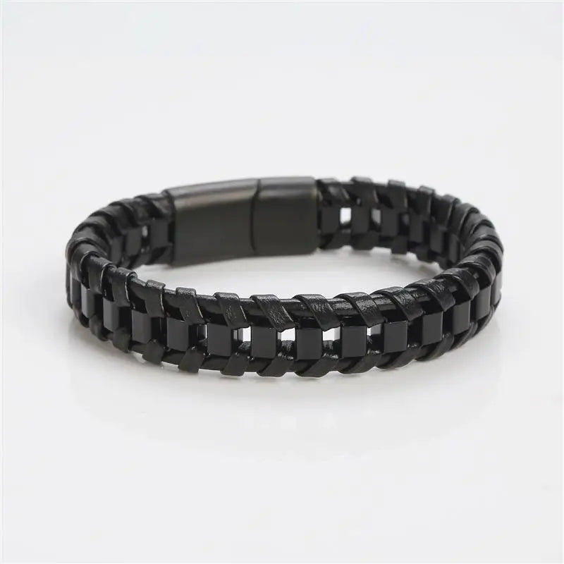 Jiayiqi Punk Men Jewelry Black Braided Leather Bracelet Stainless Steel Magnetic Clasp Fashion Bangles Wholesale Customize