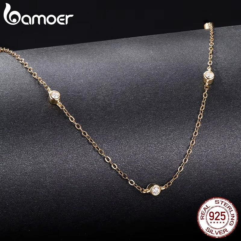 BAMOER 925 Sterling Silver Moissanite Layering Necklace, Gold Plated Adjustable Link Chain Necklace for Women Station Necklace