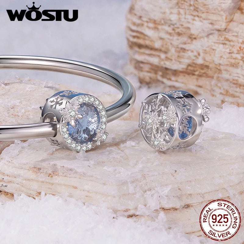 WOSTU 925 Silver Winter Snowflake Charm Penguin Pendant Blue Murano Glass Bead Fit DIY Bracelet Necklace Jewelry Making DIY Gift