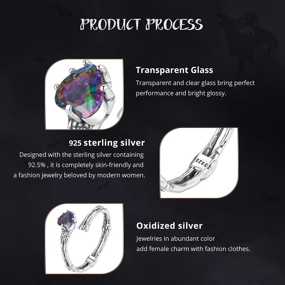 WOSTU 925 Sterling Silver Punk Skull Hand Open Ring With Rainbow Heart Crystal , Vinage Gothic Skeleton Rings Halloween Gift