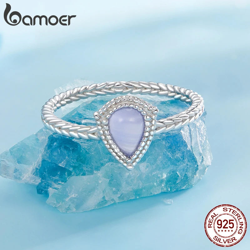 BAMOER 925 Sterling Silver Amazonite/Agate Solitaire Ring, White Gold Plated Finger Rings Dainty Chic Fashion Jewelry BSR624