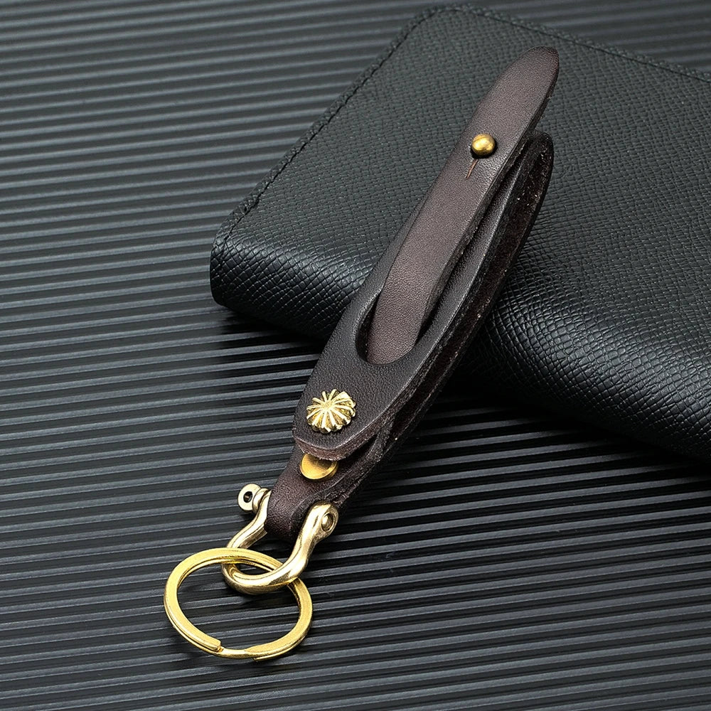 MKENDN Handmade Vegetable Tanned Cowhide Keychain for Men Women Simple Car Key Pendant Brass Horseshoe Buckle Waist Hanging