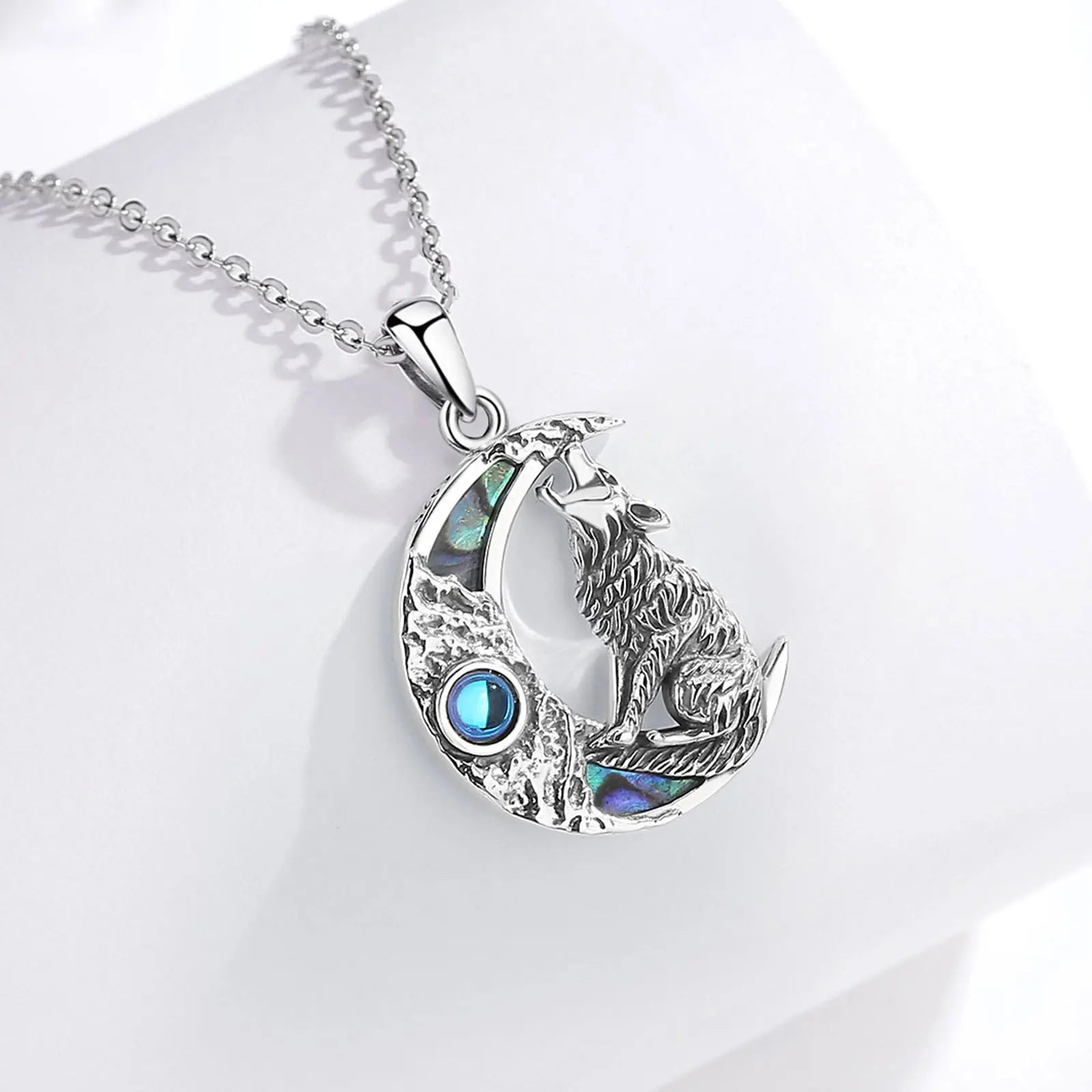 Eudora 925 Sterling Silver Wolf on the Moon Necklace for Women Man Natural Abalone Shell Viking Wolf Pendant Jewelry Party Gift