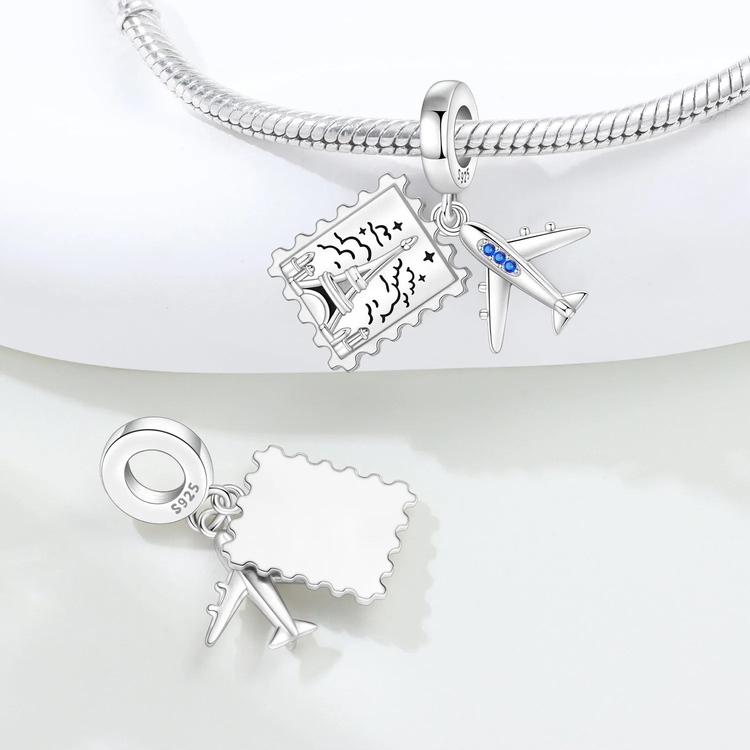 PANPOKI 925 Sterling Silver Eiffel Tower Stamp Airplane Beads Original Pendants Bracelet Charm Jewelry Party DIY Trendy Gifts