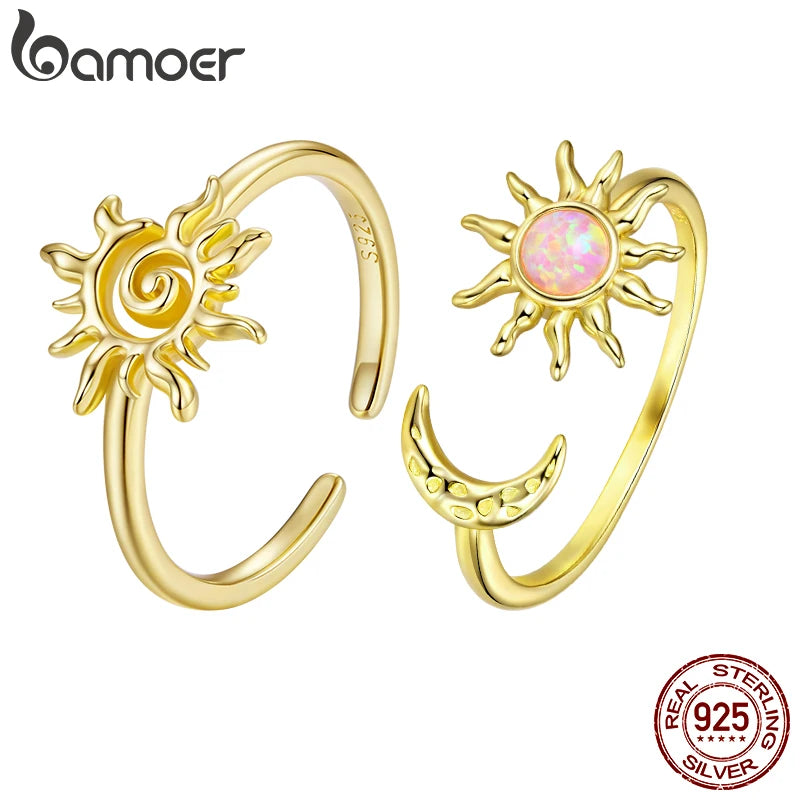 Bamoer 925 Sterling Silver 18K Gold Sun God Open Ring Adjusable Hollowed Circle Ring for Women Girls Lucky Daily Birthday Gift
