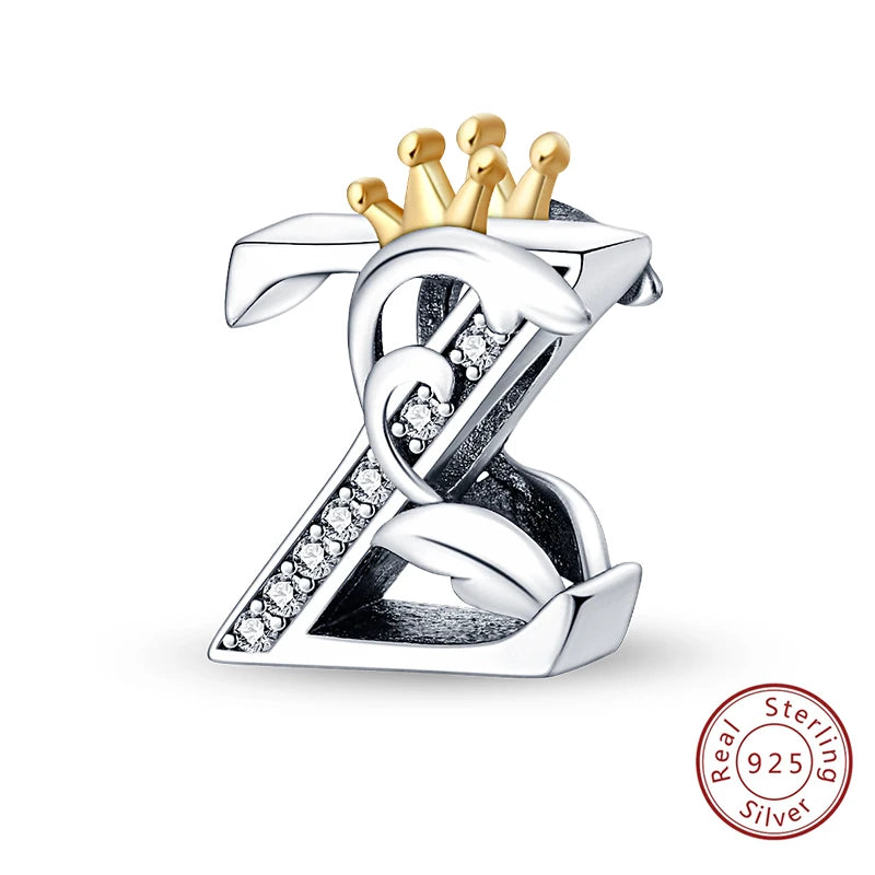 925 Sterling Silver 26 Alphabet A-Z Crown Letters Charms Bead Fit Original Bracelet Fine DIY Charm For Woman Anniversary Jewelry