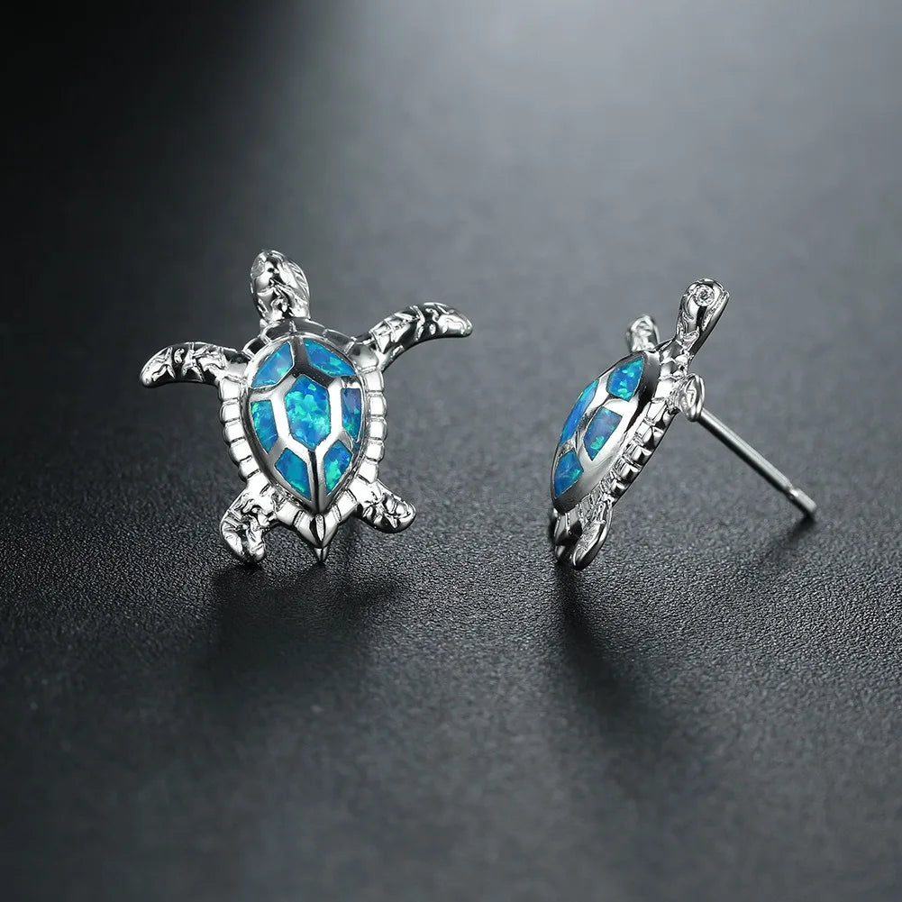 Boho Cute Sea Turtle Stud Earrings For Women Fashion Imitation Blue Fire Opal Earrings For Women Wedding Band Jewelry Gifts
