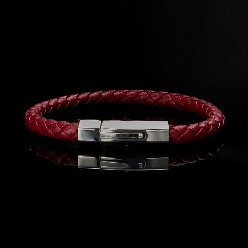 MKENDN 6 mm Klassisches, schlichtes rotes geflochtenes Lederarmband mit sechseckiger Edelstahlschließe – Schmuckstück für Damen, Herren und Paare – Geschenkidee