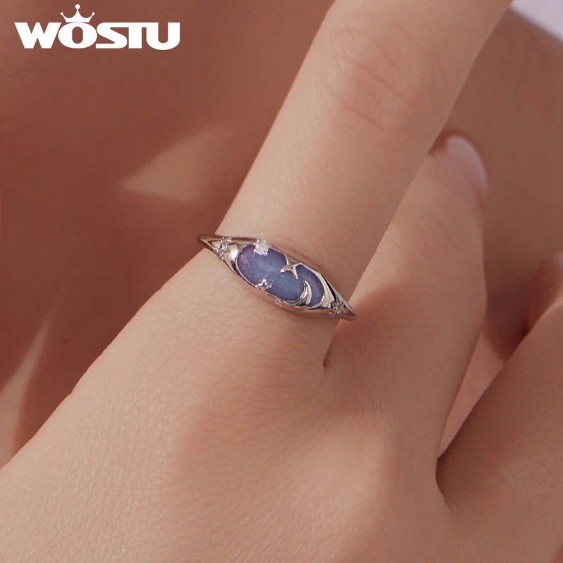 WOSTU 925 Sterling Silver Luminous Ring, Glow in The Dark Moon Star Ring for Women, Star Moon Minimalist Astronogy Lover Gift