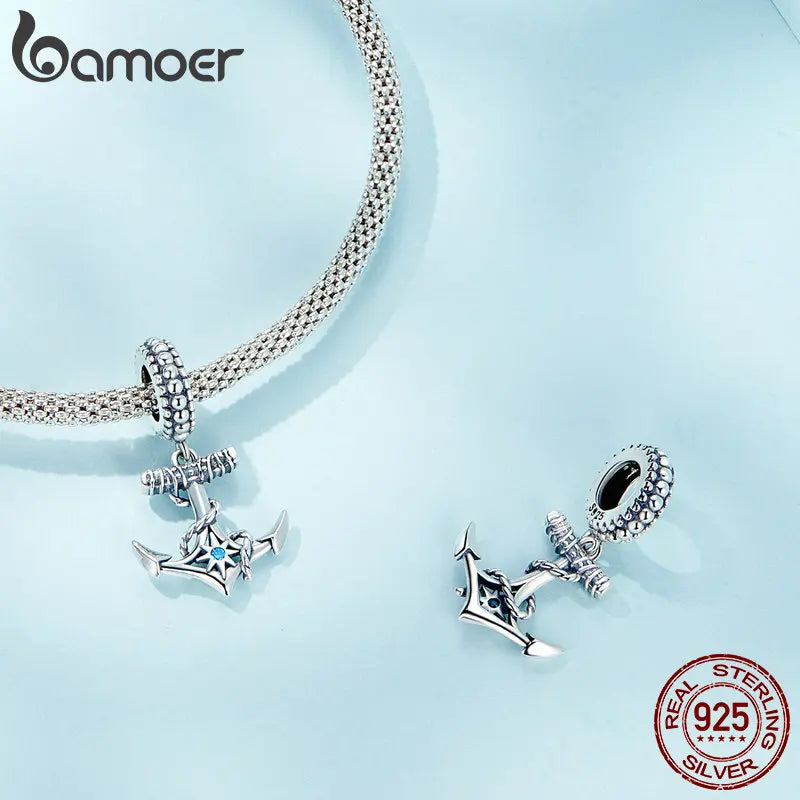 Sterling Silver Ship Anchor with Blue Zircon Star Pendant Charm - Madeinsea©