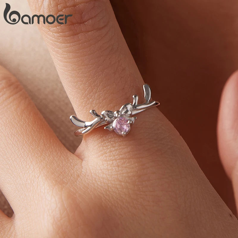 Bamoer 925 Sterling Silber Ring mit süßer Schleife und Rentier, verstellbarer, runder rosa Zirkonia-Ring für Damen und Teenager, wunderschönes Weihnachtsgeschenk