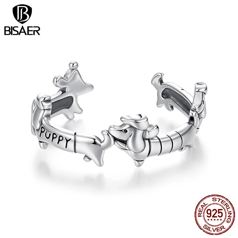 BISAER Real 925 Sterling Silver Dachshund Open Ring Cute Pet Dog Band Adjustable Size 5-9 for Women Party Fine Jewelry ECR1131-E