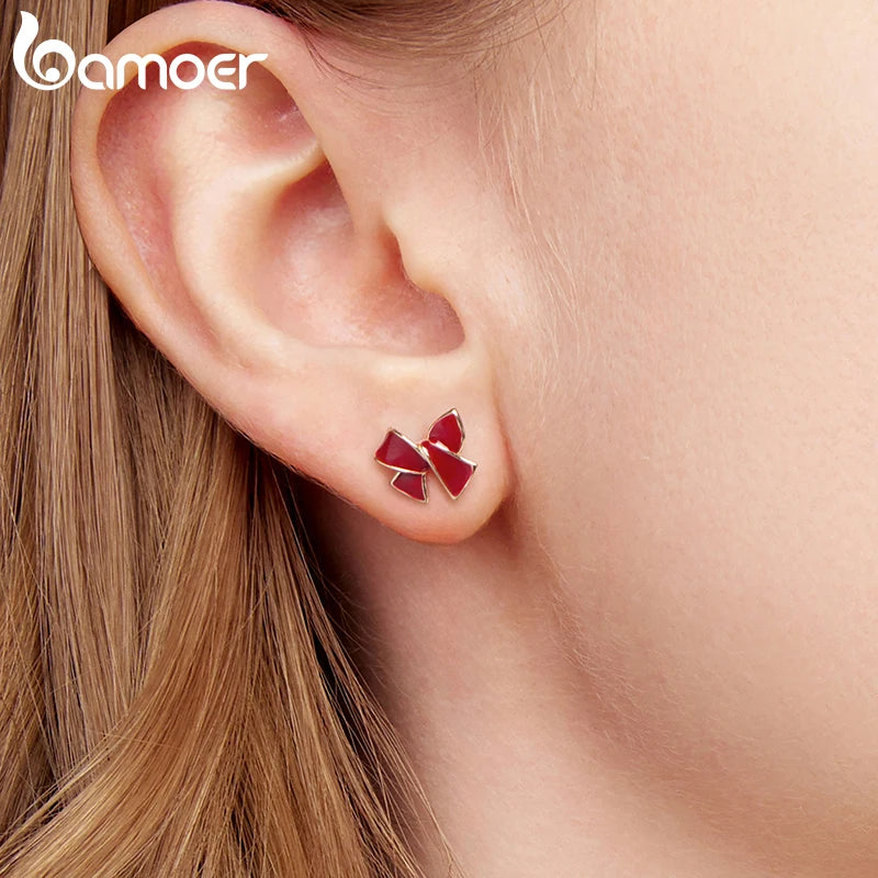 BAMOER 925 Sterling Silver Angela Red Double Heart Stud Earrings Bowknot Cross Earrings for Women Teens Cute Huggies Jewelry