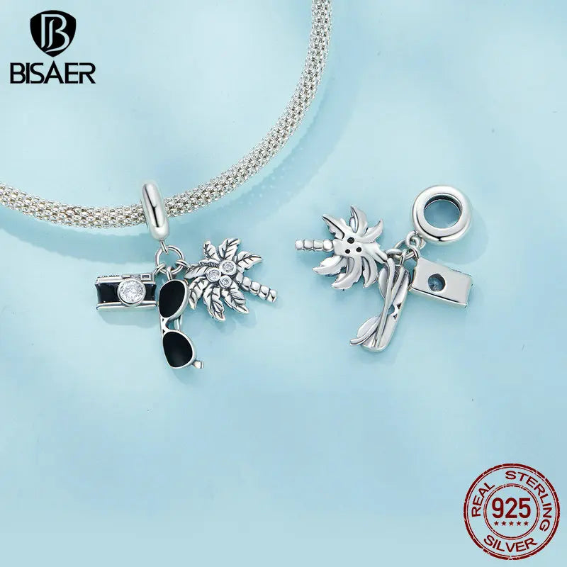 BISAER 925 Sterling Silver Baby Bottle Set Charm Bead Peigne Couverts Cute Pet Kit Pendentif de vacances Fit Femmes DIY Bracelet Bijoux