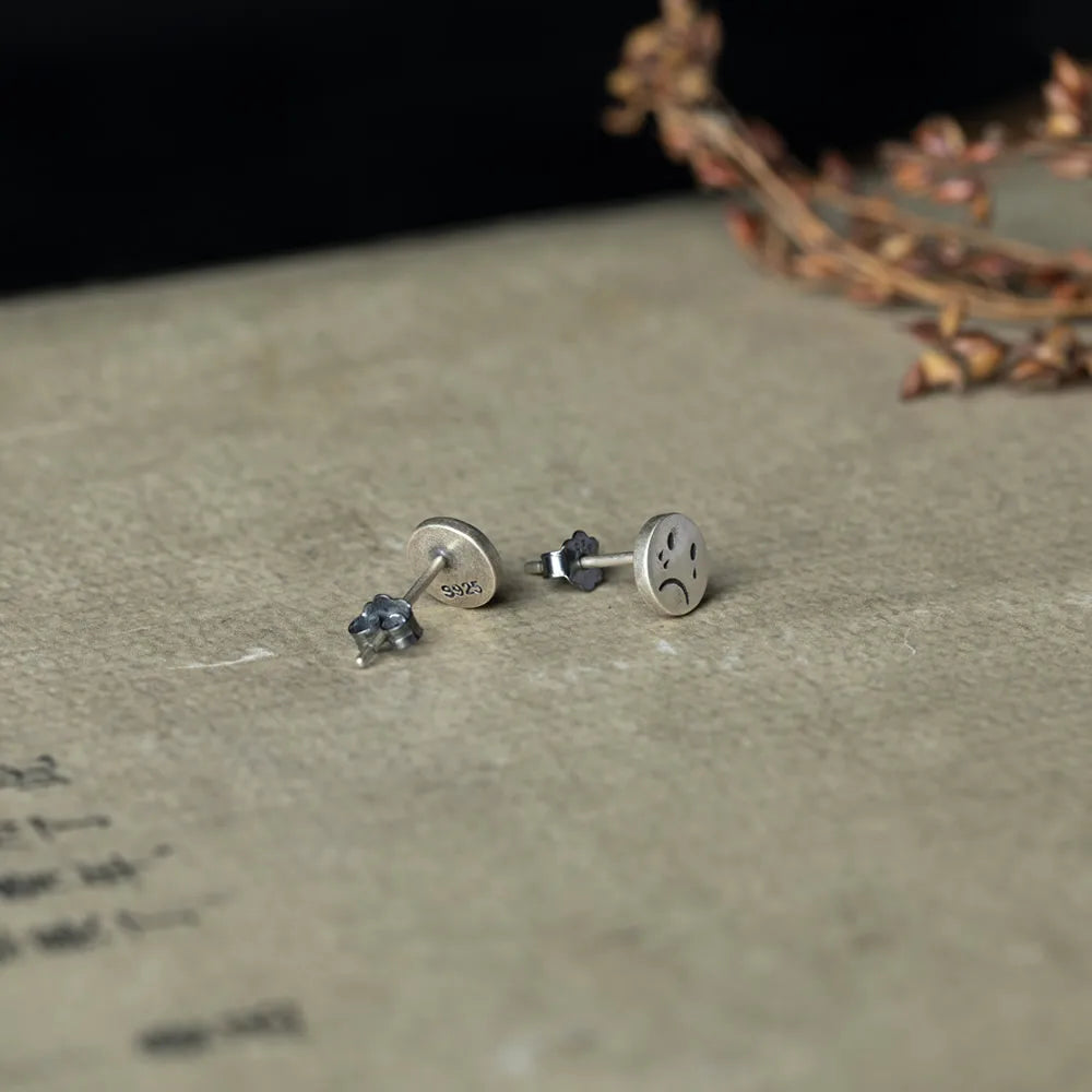 MKENDN Real 925 Sterling Silver Crying Face Stud Earrings Personality Minimalist Ear Jewelry Street Punk Gothic Style