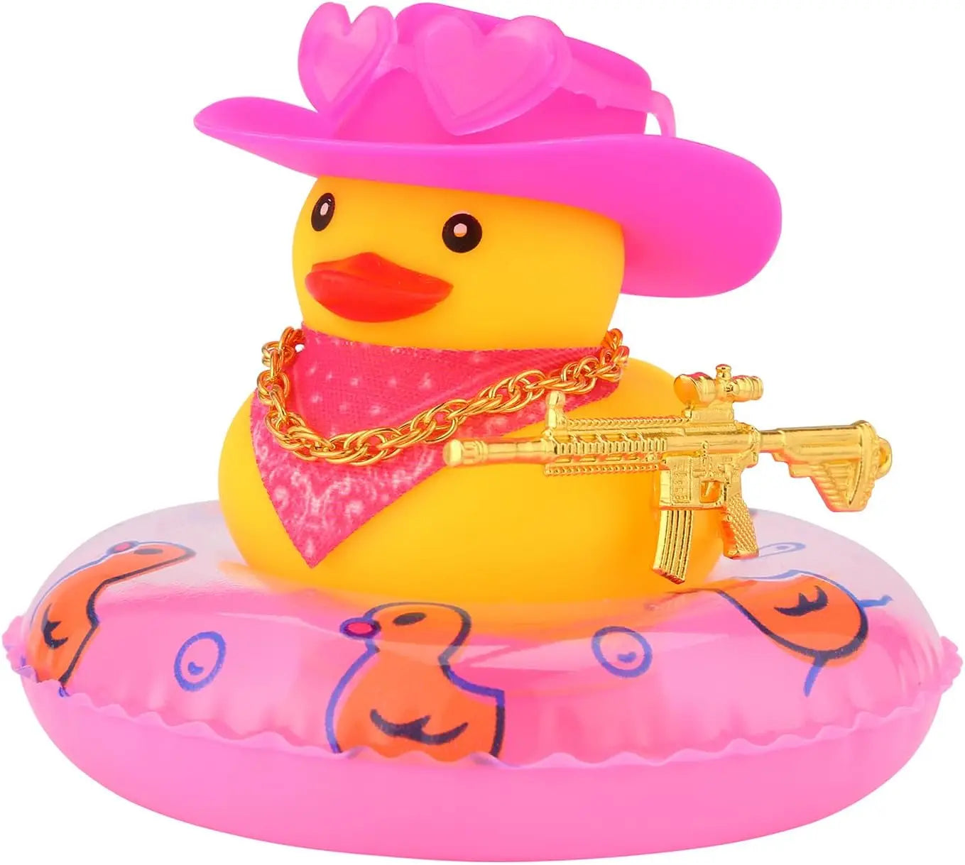 Rubber Duck with Weapon for Car Dashboard Decor, Squeaky Duck Toy Yellow Cowboy Ducks Car Ornament Fun Car Accessories