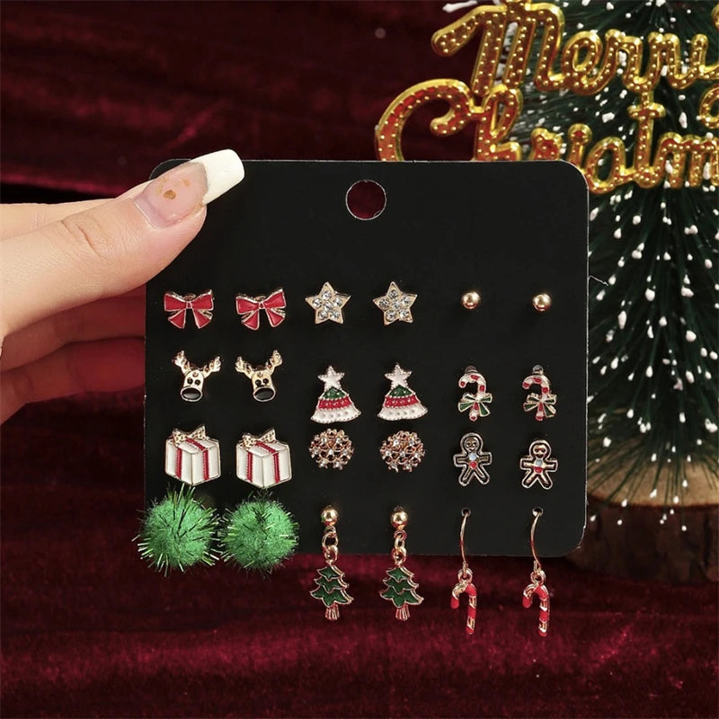 24pcs Christmas Combination Earrings Set for Women Small Shiny Zircon Xmas Tree Santa Claus Snowflake Earring Party Jewelry Gift