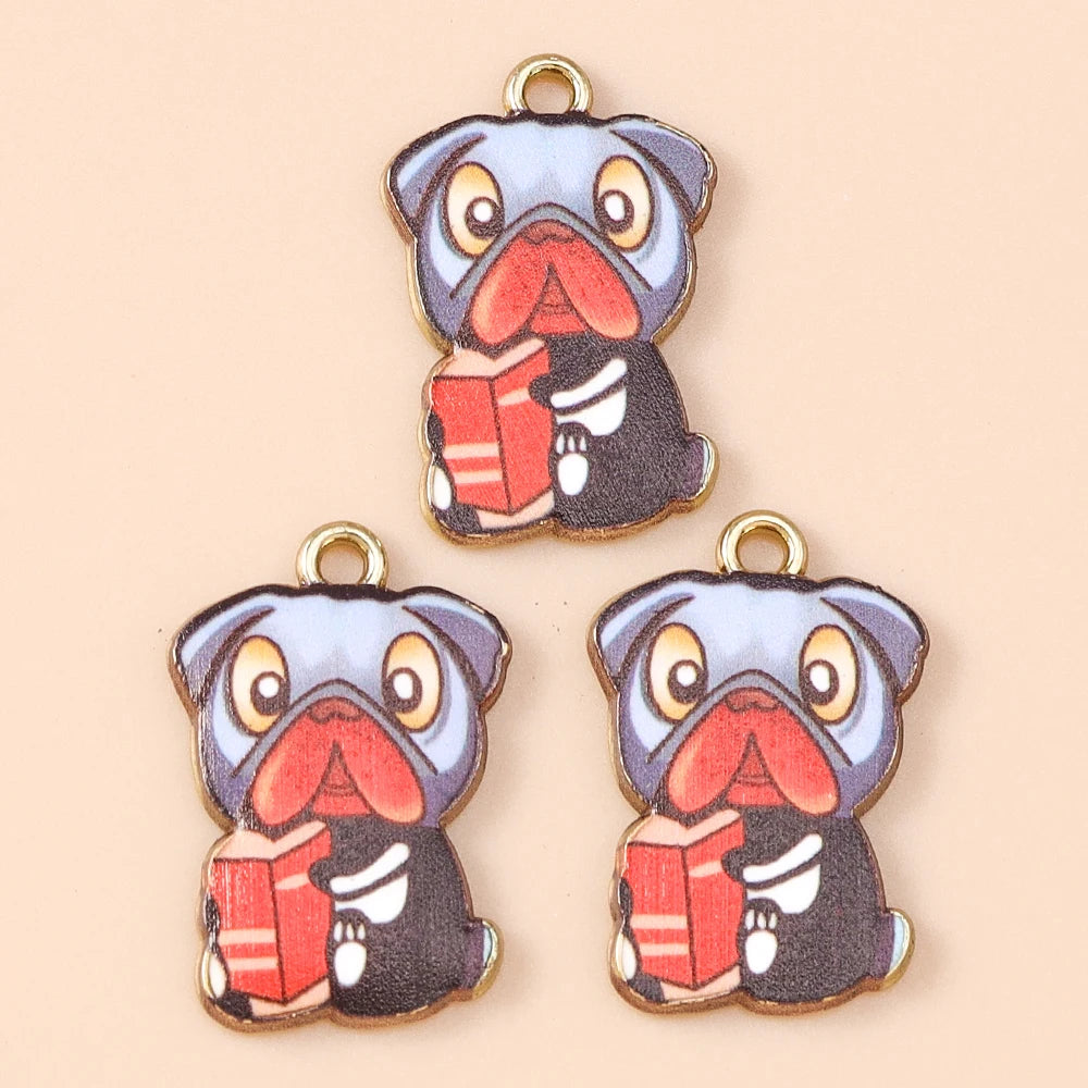 Leslie 10pcs New Cartoon Animal Dog Charms Enamel Metal Book Drinking Dog Pendants For Women DIY Necklace Earrings Jewelry Gifts