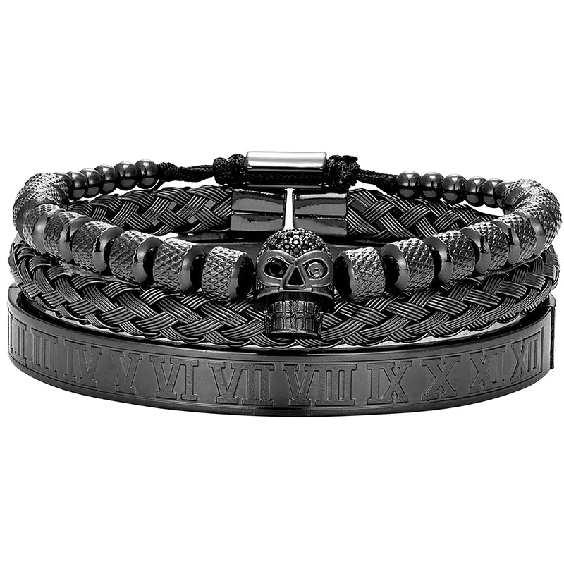 MKENDN Luxury 3pcs/Set Skull Charm Black Bracelet Stainless Steel Men Roman Number Bangles Europe Fashion Couple Jewelry