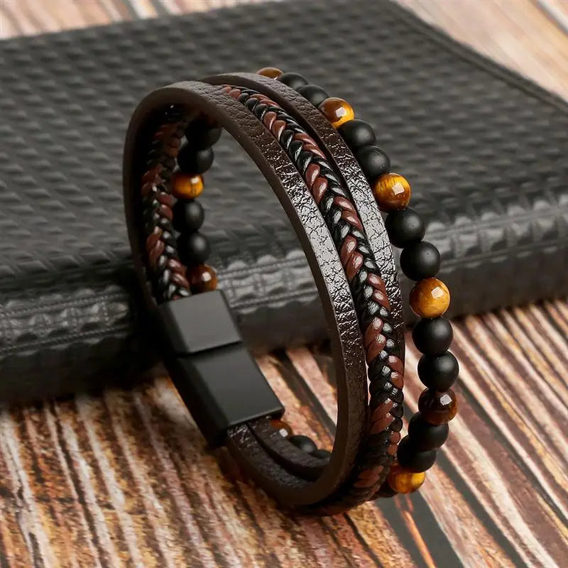 Fashion Braided Rope Woven Multilayer Leather Men Bracelets Punk Mental Magnet Bangle for Friend Charm Jewelry Gifts