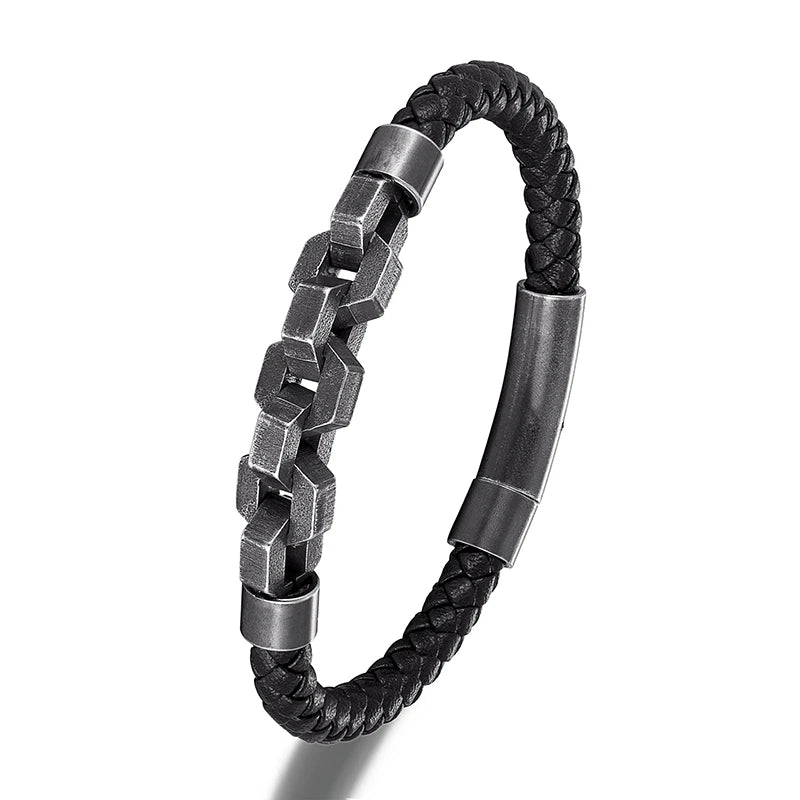 MKENDN Charm Braid Rope Armband für Herren, Edelstahl oxidiert, Bikerkette mit Knopfverschluss, Punk-Schmuckgeschenk für Damen und Herren