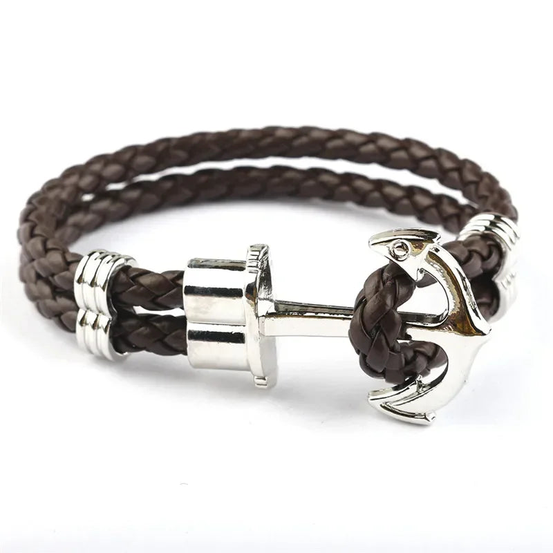 Fashion Alloy Anchor Bracelet Men Black Braided Cowhide Leather Rope Bracelets Wrap Punk Charm Jewelry SL054