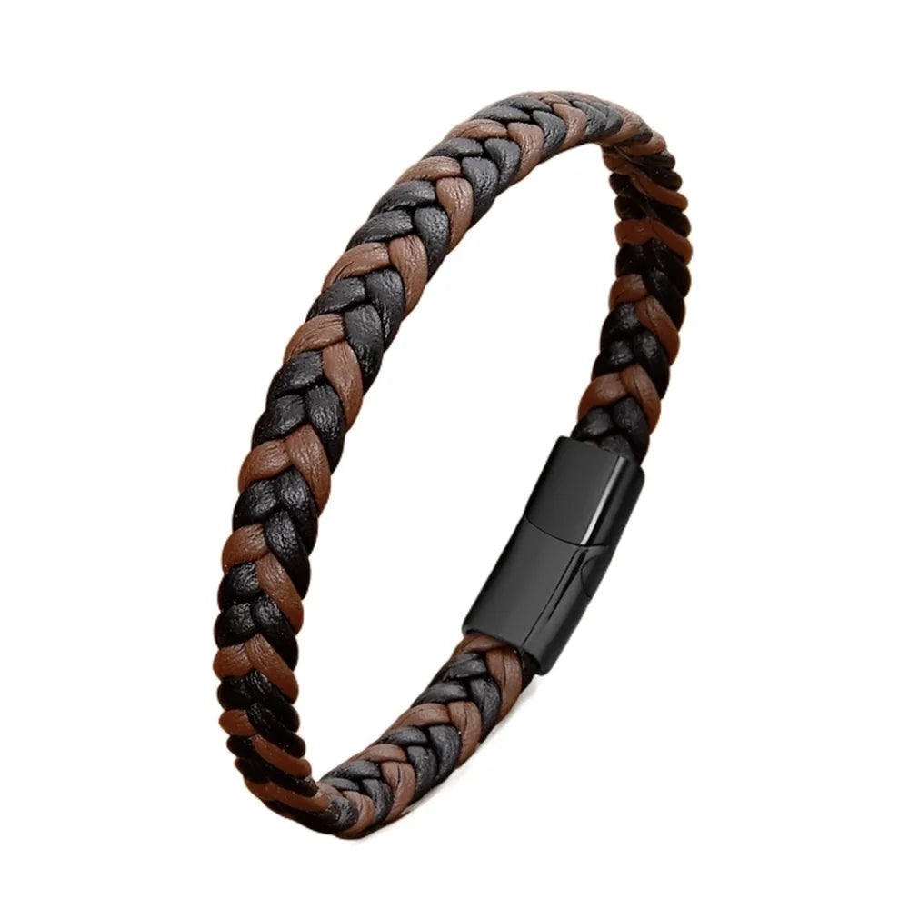 MKENDN Simple Classic Stainless Steel Bracelet for Women Men Genuine Braided Leather Bangles Special Couple Jewelry Gift