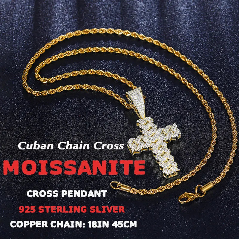 TUHE Full Moissanite Cross Pendant Necklace Original 925 Sterling Sliver Chain Plated 18k White Gold Fine Necklace For Women