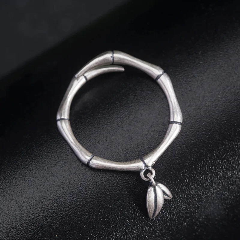 MKENDN Vintage Unique 925 Sterling Silver Bamboo Leaf Ring For Men and Women Gothic Street Rock Punk Jewelry
