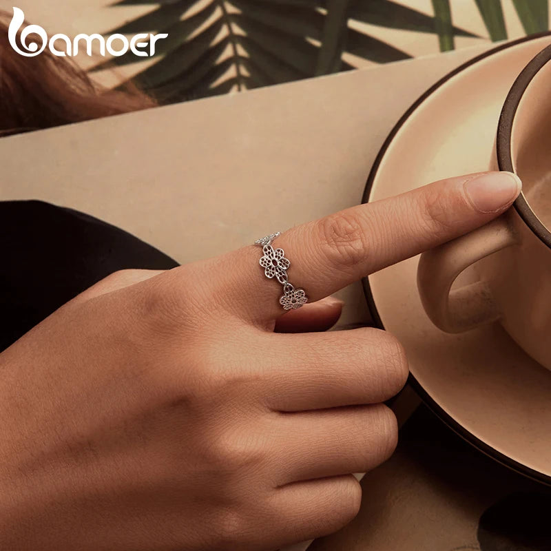 BAMOER 925 Sterling Silber Spitzenblumenring, verstellbar, zierlich, offener Daumenring für Damen, SBSR660-E