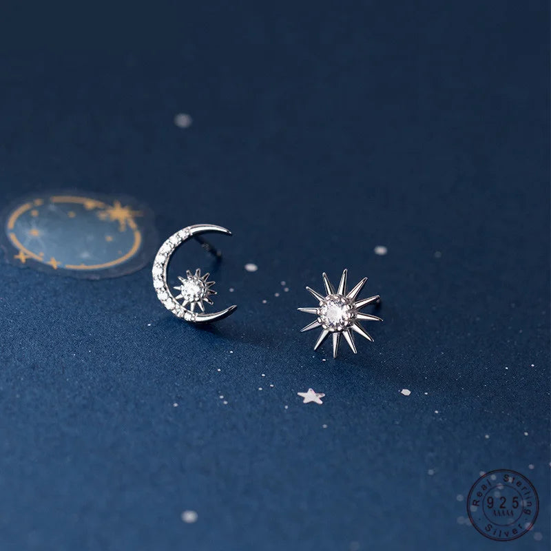 Real 925 Sterling Silver Zircon Moon Star Stud 14K Gold Earrings For Women Asymmetry Cute Fine Jewelry Drop shipping