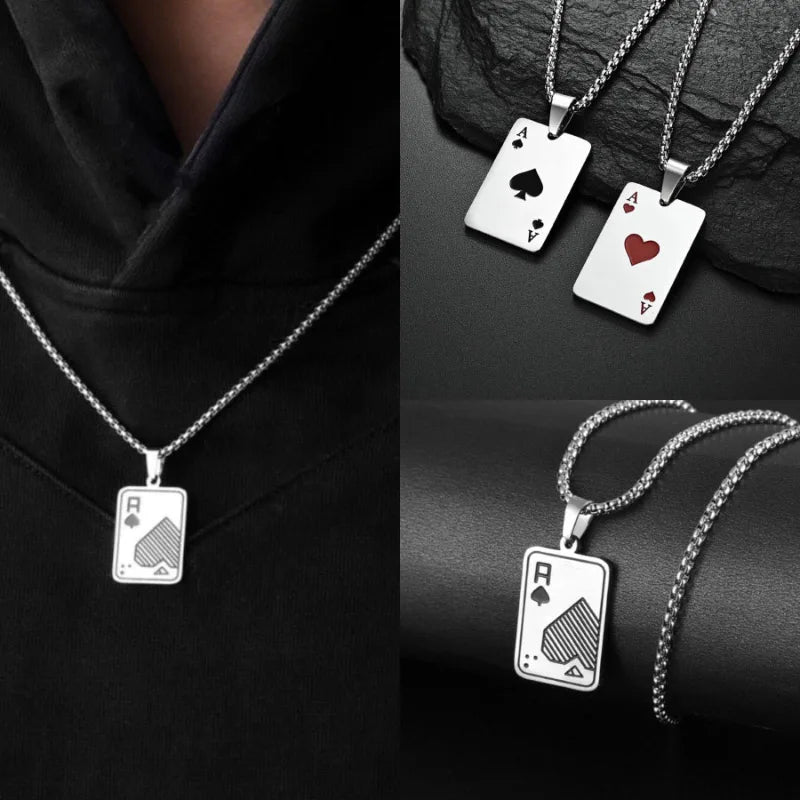 Hiphop Rock Playing Cards Necklace For Men 24Inches Stainless Steel Cuban Chain Collar Locomotive Cool Riding Neck Accessories