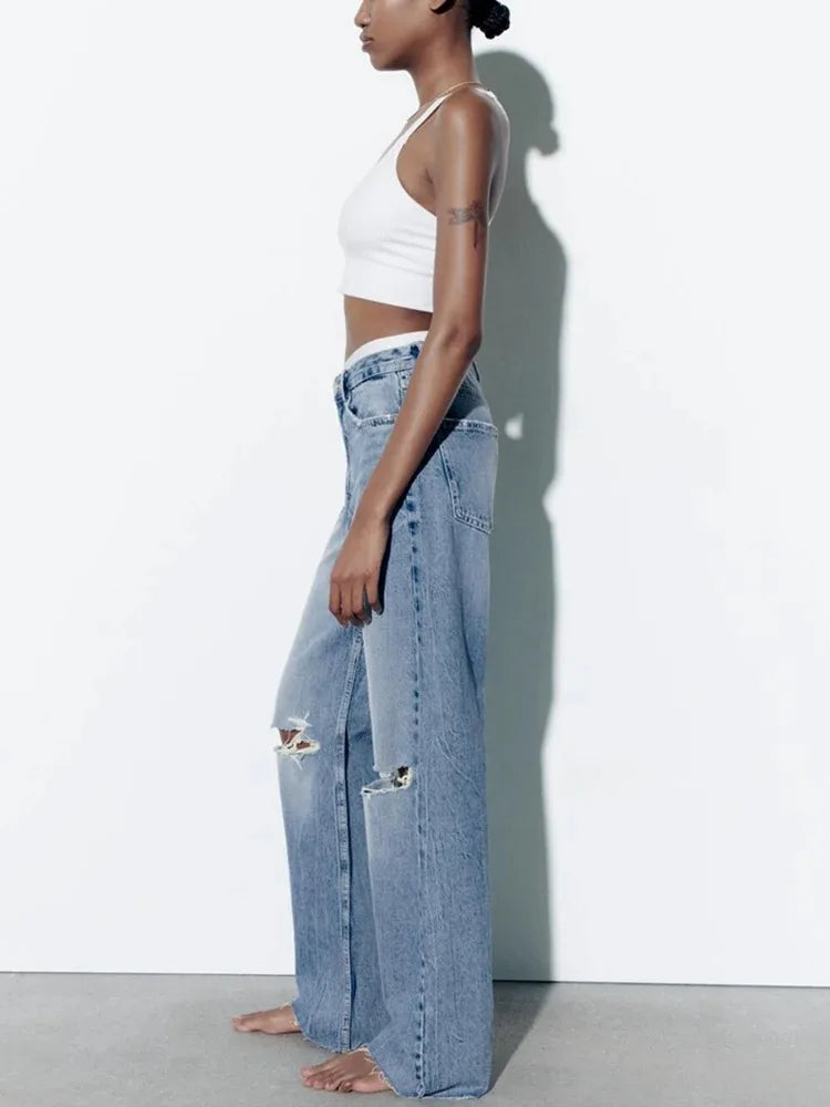 Women's loose hole decoration high-waisted jeans Fashion versatile wide-legged trousers Elegant fashion women's clothing