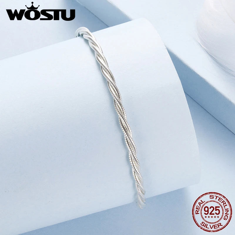 WOSTU Solid 925 Sterling Silver Twisted Snake Chain Bracelet for Women, Luxury Ball Clasp Adjustable Basic Bangle Wrist Jewelry