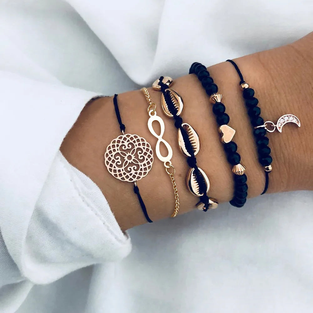 Trendy Geometric Link Chain Bracelet Set For Women Rhinestones Gold Color Leaves Heart Pendant Open Cuff Bangle Girls Jewelry - Madeinsea©