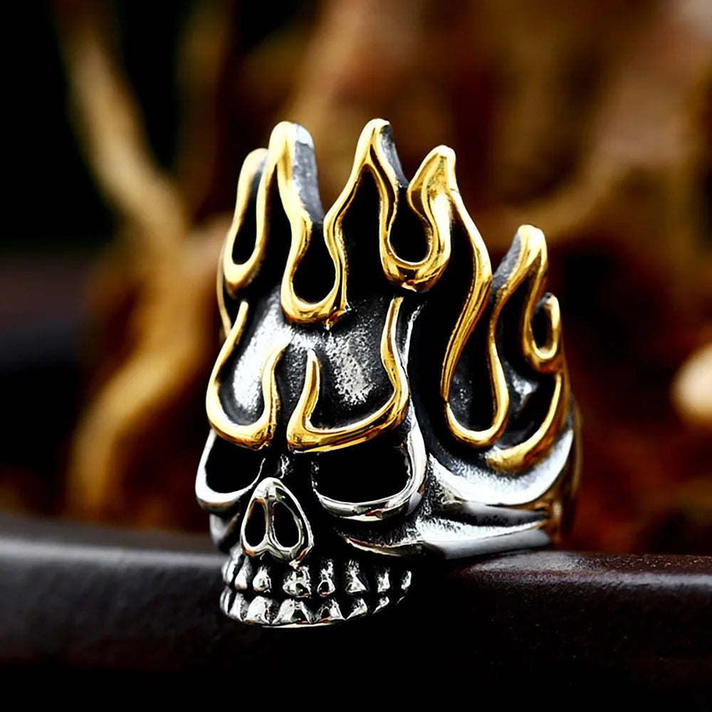 Vintage 316L Stainless Steel Flame Skull Ring Punk Hip Hop Biker Rings For Men Boys Special Design Cool Party Jewelry Wholesale