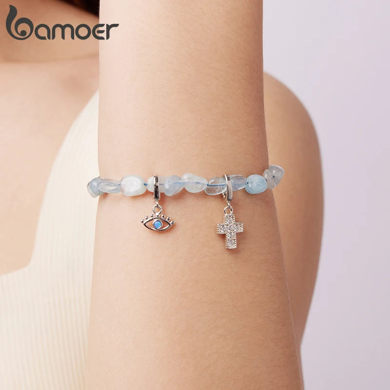 BAMOER 925 Sterling Silver Blue Crystal Bracelet Handmade Gem Beads Adjustable Dainty Wrist Chain Girls Sweet Gift Fine Jewelry