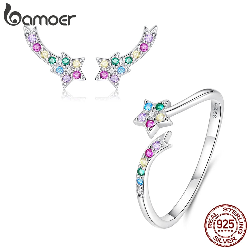 BAMOER Rainbow Shooting Star Jewelry Set 925 Sterling Silver Hypoallergenic Earring Colorful Star Open Ring for Women Teens