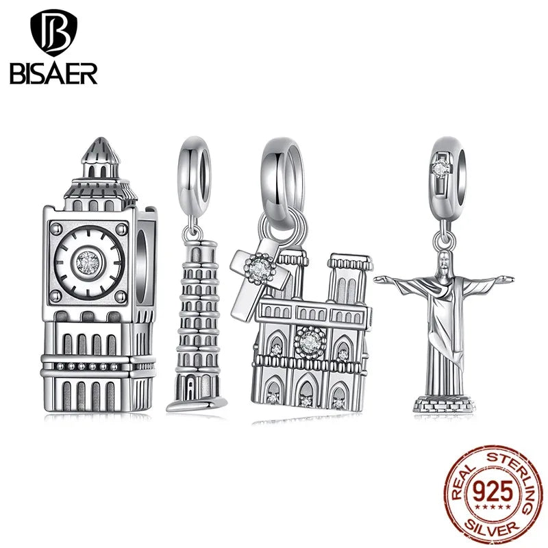 BISAER 100% 925 Argent Sterling Christ Rédempteur Charms Perles Big Ben Tour de Pise Pendentif Fit Femme Bracelet DIY Bijoux Fins