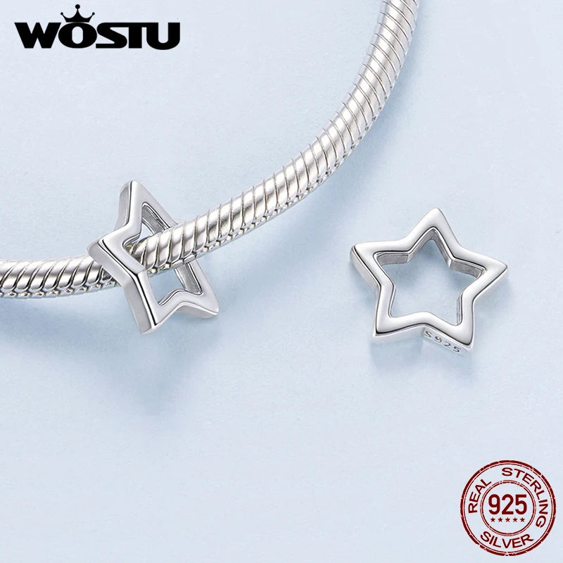 WOSTU 925 Sterling Silver Adjustable Basic Heart Bangle Bracele Pet paw Hollow Charms Star Heart Beads Original DIY Jewelry Gift
