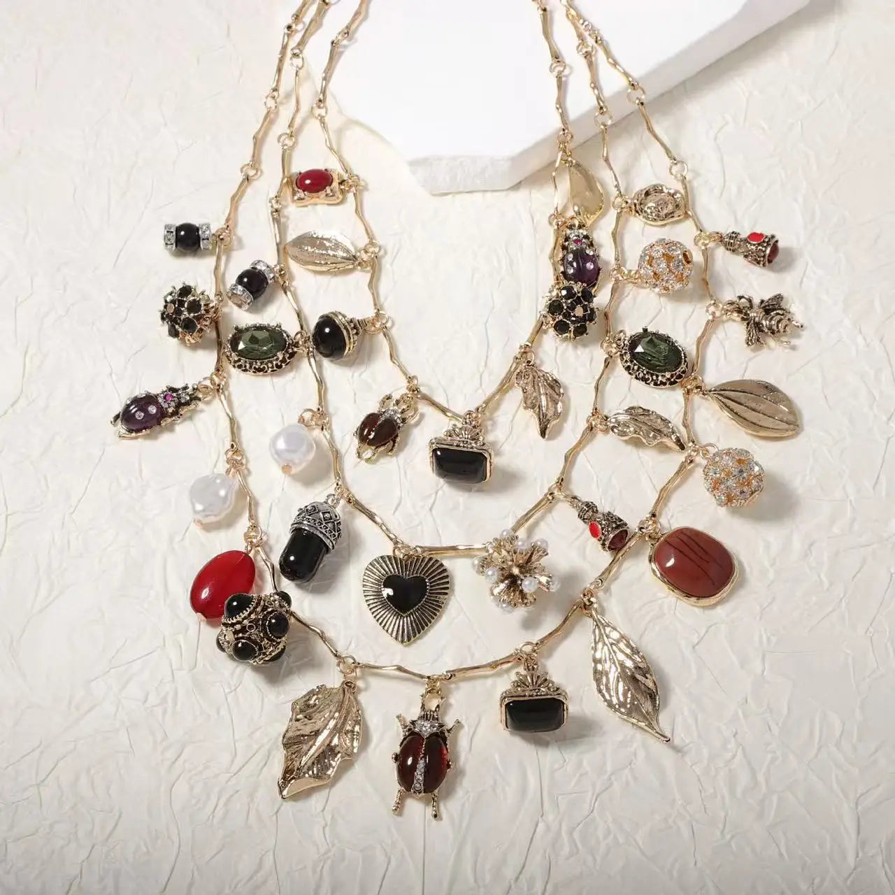 ZAA Luxury Multi-layer Woven Heart-shaped Leaf Insect Flower Pendant Necklace