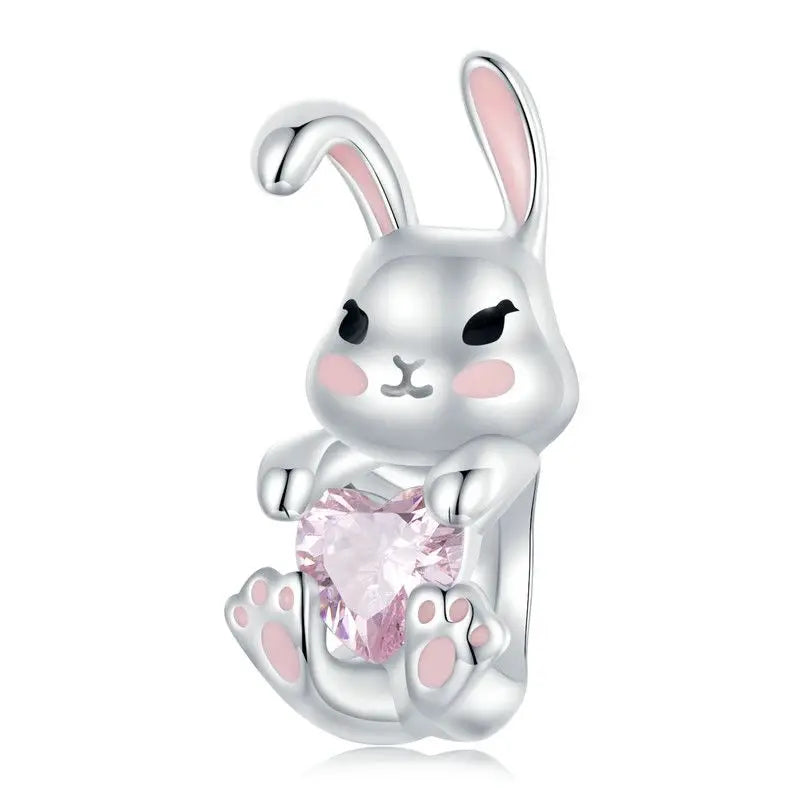 WOSTU 925 Silver Easter Rabbit with Egg Charm Heart Rabbits Pendant Moonstone Safety Chain Fit Bracelet Girl Daughter DIY Gifts