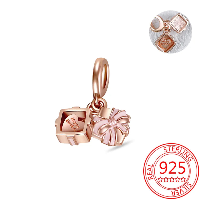 925 Sterling Silver Real Rose Gold Pink Octopus Summer Turtle Heart Dangle Charm Fit Original Bracelet Necklaces Bracelet Girl