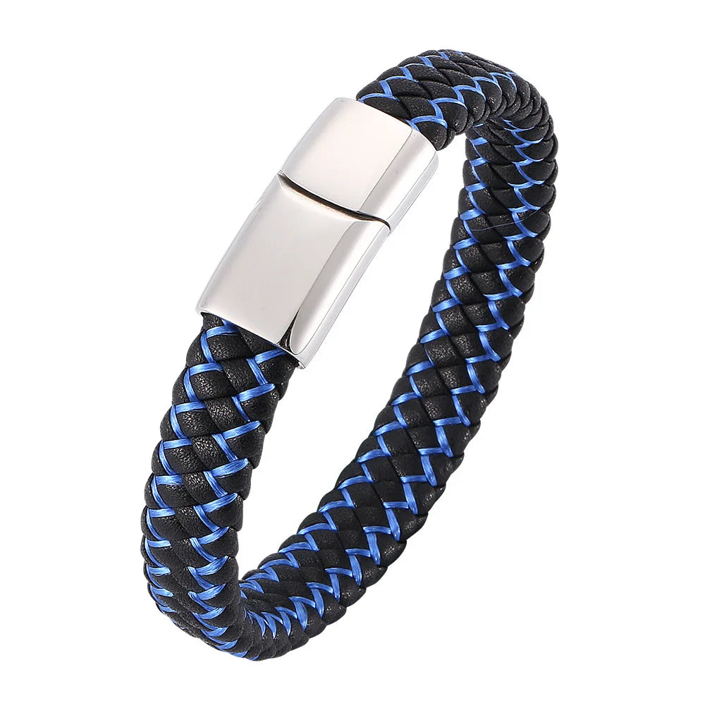 MKENDN Punk Men Braided Genuine Braided Blue Leather Bracelet Black Stainless Steel Magnetic Buckle Bracelet Gifts Homme Pulsera