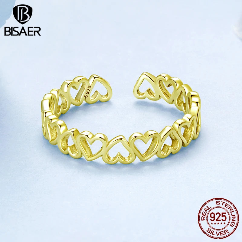 BISAER 925 Sterling Silver Hollow Heart Open Ring Eternal Love Band Adjustable Size 5-9 Plated Gold for Women Party Fine Jewelry