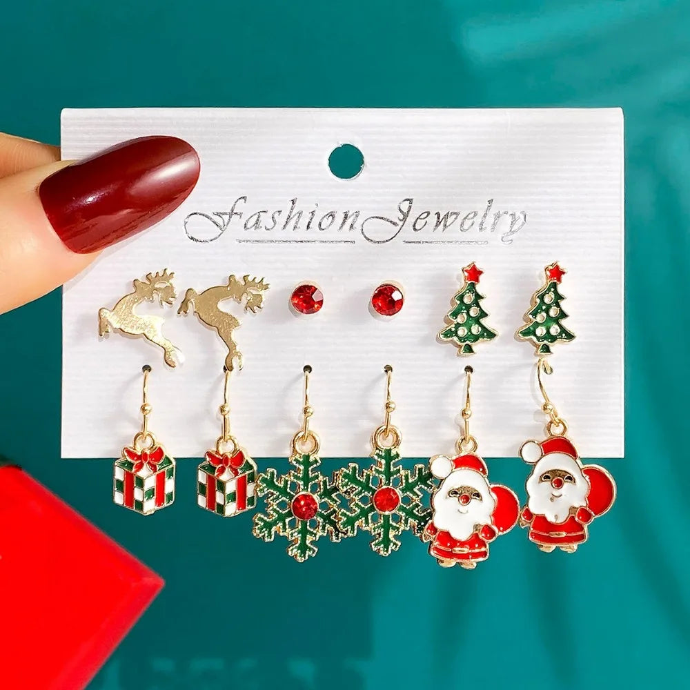 Ensemble de 6 paires de boucles d'oreilles de Noël, motif dessin animé dégoulinant d'huile, élan, Père Noël et sapin de Noël pour femmes