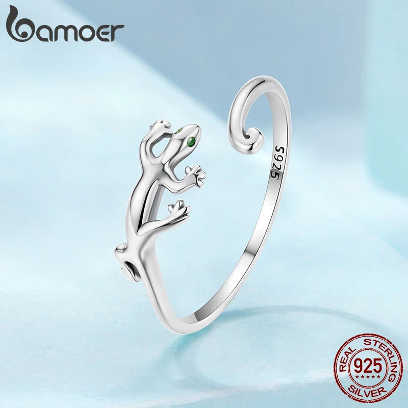 BAMOER 925 Sterling Silver Gecko Lizard Open Ring Lucky Animal Ring with Green Zircons for Lover Girl Simple Birthday Party Gift