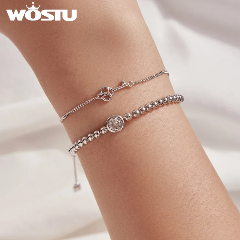 WOSTU 925 Sterling Silver Key Lock Charm Bracelet for Women With Zircon, Dainty Adjustable Hand Chain Jewelry for Romantic Gift