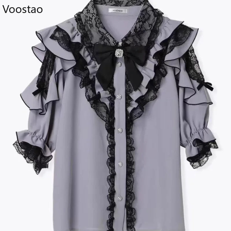 Japanese Gothic Lolita Style Bow Shirts Women Sweet Y2k Lace Ruffles Short Sleeve Blouses Tops Summer Female Vintage Punk Blusas