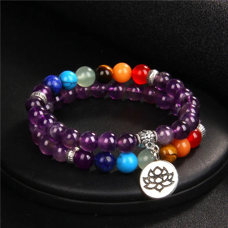MKENDN 7-Chakra-Armbänder, buddhistisches Lotus-Amulett-Armband, Herren-Armband mit natürlichen Reiki-Steinen und Amethysten, Damen-Yoga-Schmuck
